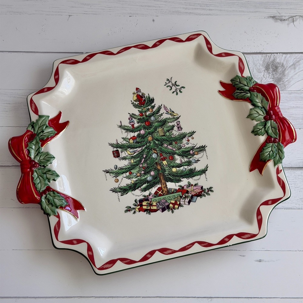 Spode Christmas Tree Ribbons Square Holiday Serving Platter Plate Hand Painted